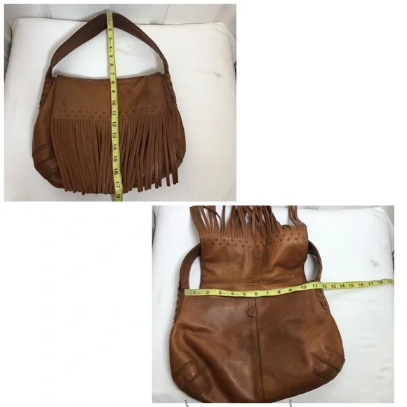 Gianni Bini Brown Leather Vintage Studded Hobo Magnetic Closure Fringe Bag Purse - Picture 13 of 16
